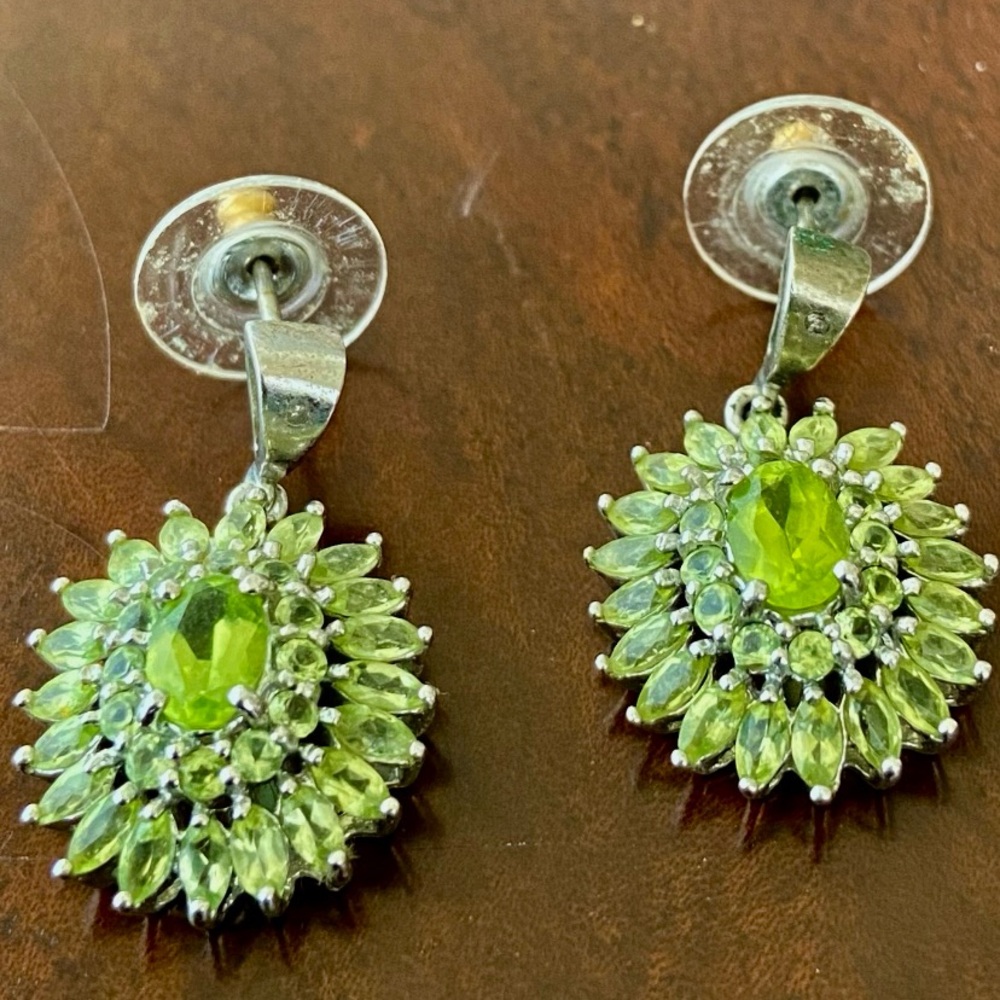 Sterling Silver 925 Natural Peridot Flowers Marquis Cluster Dangle 1.3”Earrings